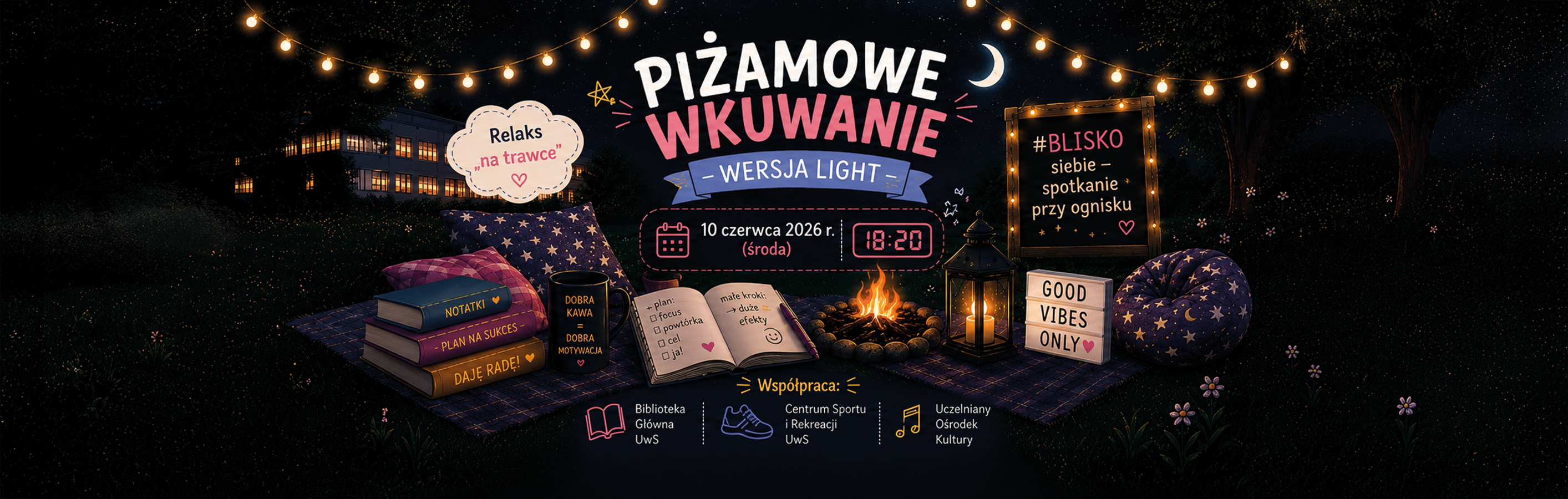 Piżamowe wkuwanie wersja light. Relaks na trawce, #BLISKO siebie - spotkanie przy ognisku; 10 czerwca 2026r. (środa) 18:20. Współpraca: Biblioteka główna UwS; centrum Sportu i Rekreacji UwS; UOK.