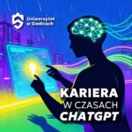 Grafika promująca warsztaty „Kariera w czasach ChatGPT”. Sylwetka człowieka z rozświetlonym mózgiem w formie sieci neuronowej dotyka ekranu z symbolem żarówki — motyw sztucznej inteligencji i rozwoju zawodowego.