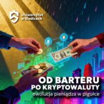 Grafika promująca warsztaty „Od barteru po kryptowaluty”. Dwie ręce wymieniające monety i banknoty na tle cyfrowych symboli walut — ewolucja pieniądza od wymiany towarowej po kryptowaluty.