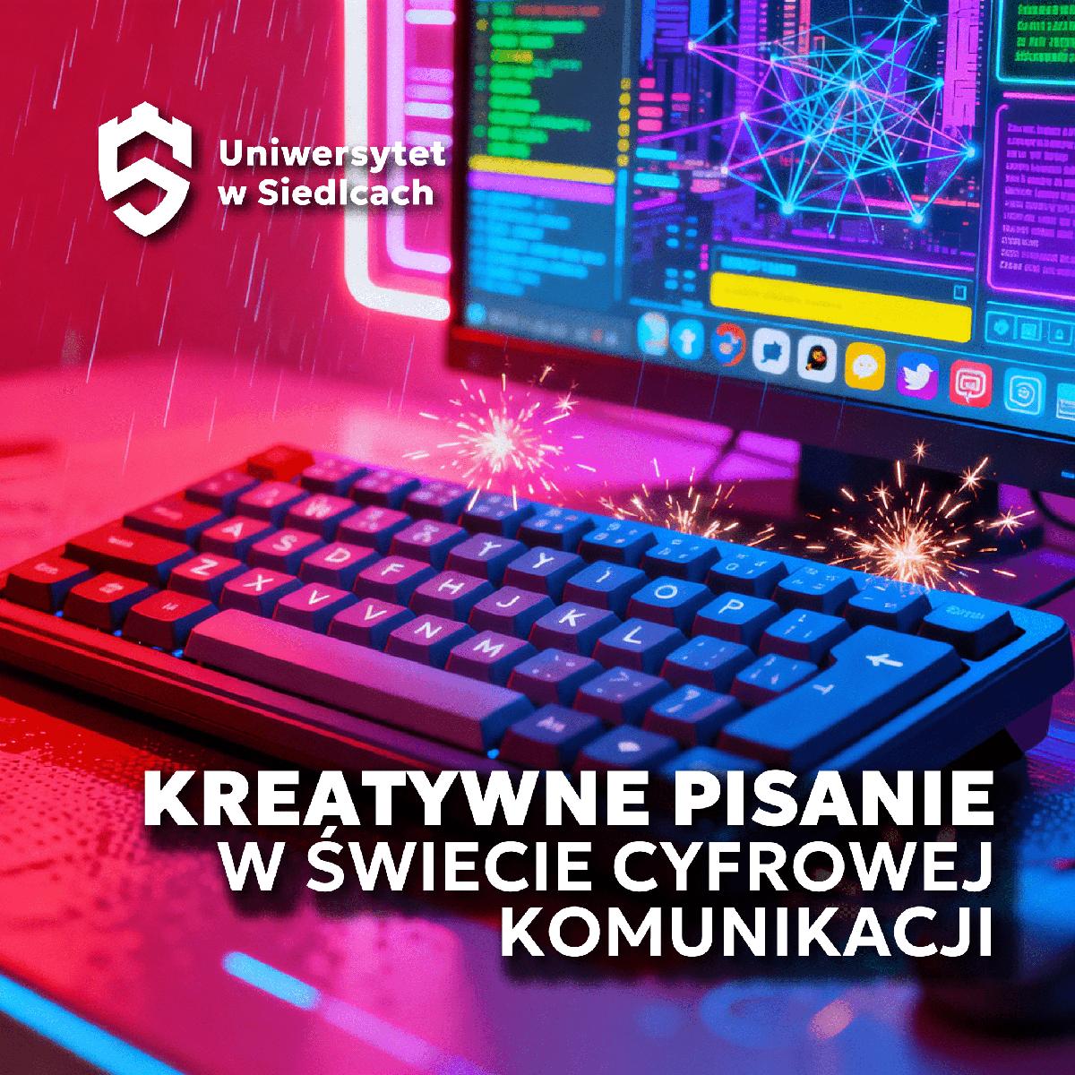 Grafika promująca warsztaty „Kreatywne pisanie w świecie cyfrowej komunikacji”. Klawiatura i monitor z kolorowym kodem komputerowym i błyskami symbolizującymi twórczość w erze internetu.