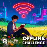 Grafika promująca warsztaty „Offline Challenge”. Osoba siedząca na łące z książką w ręku pod neonowym symbolem Wi-Fi — odpoczynek od technologii i kontakt z naturą.
