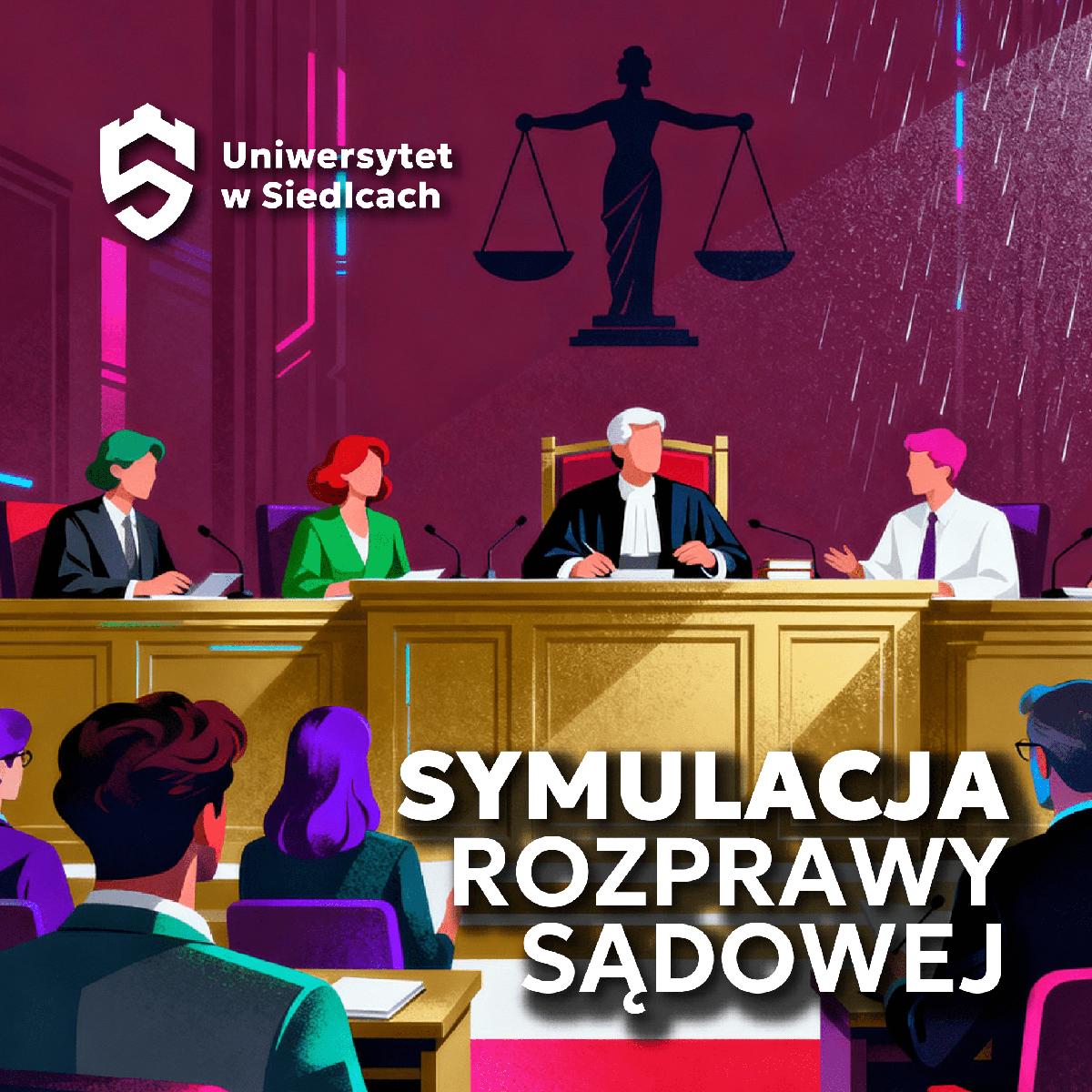 Grafika promująca warsztaty „Symulacja rozprawy sądowej”. Scena w sali sądowej z sędzią, prawnikami i uczestnikami rozprawy — edukacyjna wizualizacja procesu.