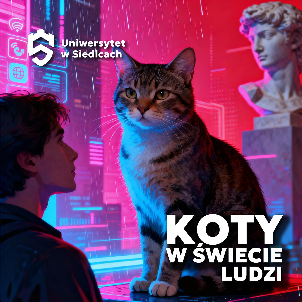 Grafika promująca warsztaty „Koty w świecie ludzi” organizowane przez Uniwersytet w Siedlcach. Widać dużego kota siedzącego w futurystycznym, neonowym otoczeniu, obok młodego człowieka i marmurowego popiersia. Tło ma intensywne barwy różu i niebieskiego, co nadaje całości nowoczesny, cyfrowy klimat.