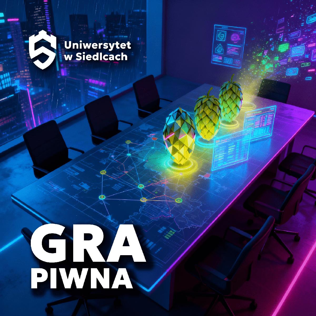 Grafika promująca warsztaty „Gra piwna”. Sala konferencyjna z futurystycznym stołem, na którym świecą holograficzne szyszki chmielu i dane analityczne — motyw symulacji biznesowej.