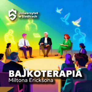 Grafika promująca warsztaty „Bajkoterapia Miltona Ericksona”. Grupa ludzi siedzi w kręgu, rozmawiając w kolorowej przestrzeni pełnej symbolicznych postaci i ptaków — atmosfera terapii.