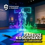 Grafika promująca warsztaty „Tadeusz Kościuszko w zwierciadle AI oraz Internecie”. Holograficzny wizerunek Kościuszki w muzealnym otoczeniu, otoczony cyfrowymi wykresami i danymi — połączenie historii i sztucznej inteligencji.