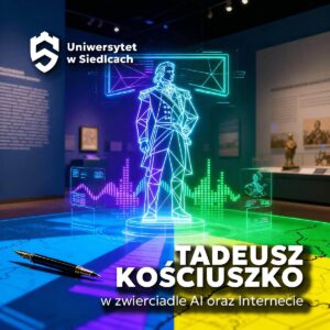 Grafika promująca warsztaty „Tadeusz Kościuszko w zwierciadle AI oraz Internecie”. Holograficzny wizerunek Kościuszki w muzealnym otoczeniu, otoczony cyfrowymi wykresami i danymi — połączenie historii i sztucznej inteligencji.