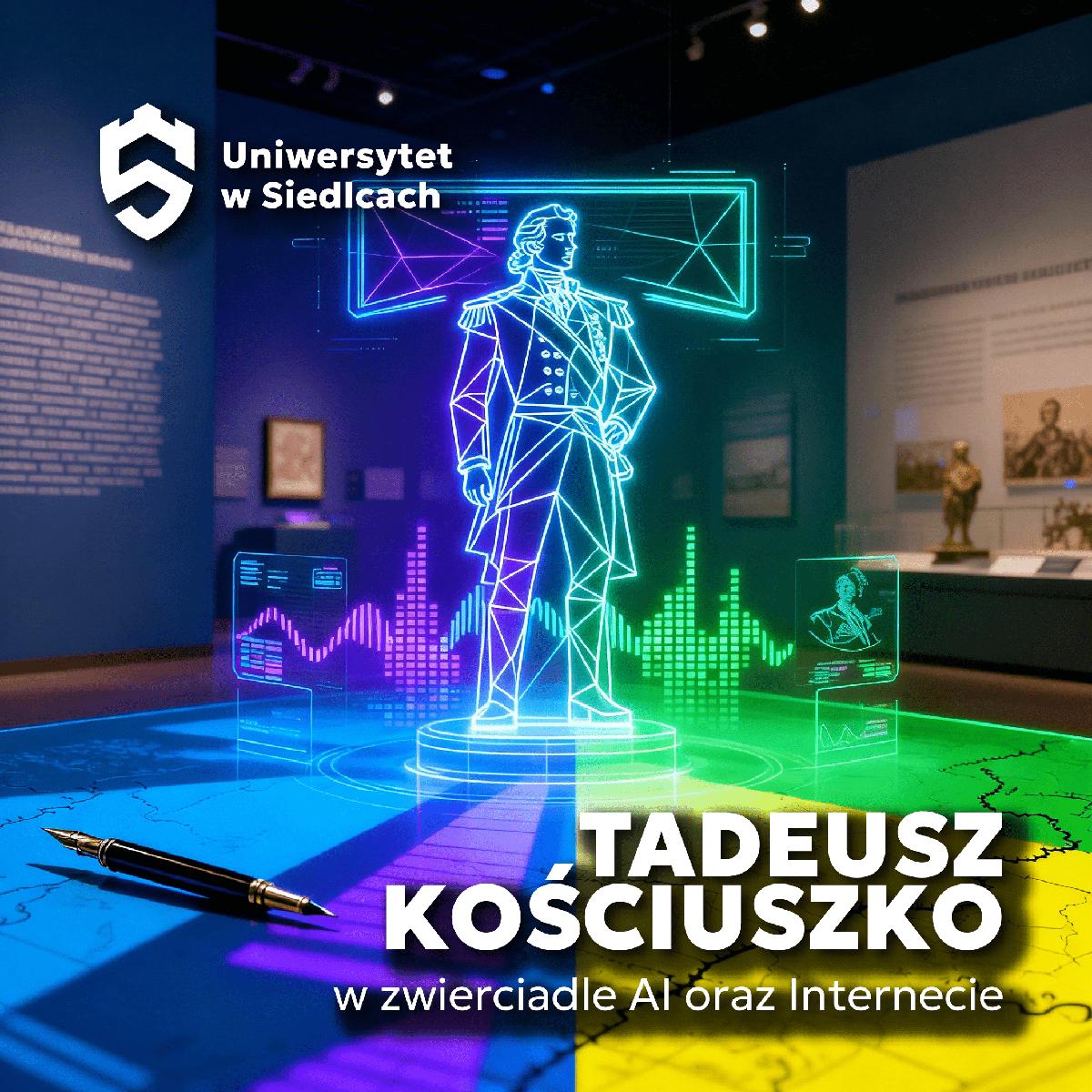 Grafika promująca warsztaty „Tadeusz Kościuszko w zwierciadle AI oraz Internecie”. Holograficzny wizerunek Kościuszki w muzealnym otoczeniu, otoczony cyfrowymi wykresami i danymi — połączenie historii i sztucznej inteligencji.