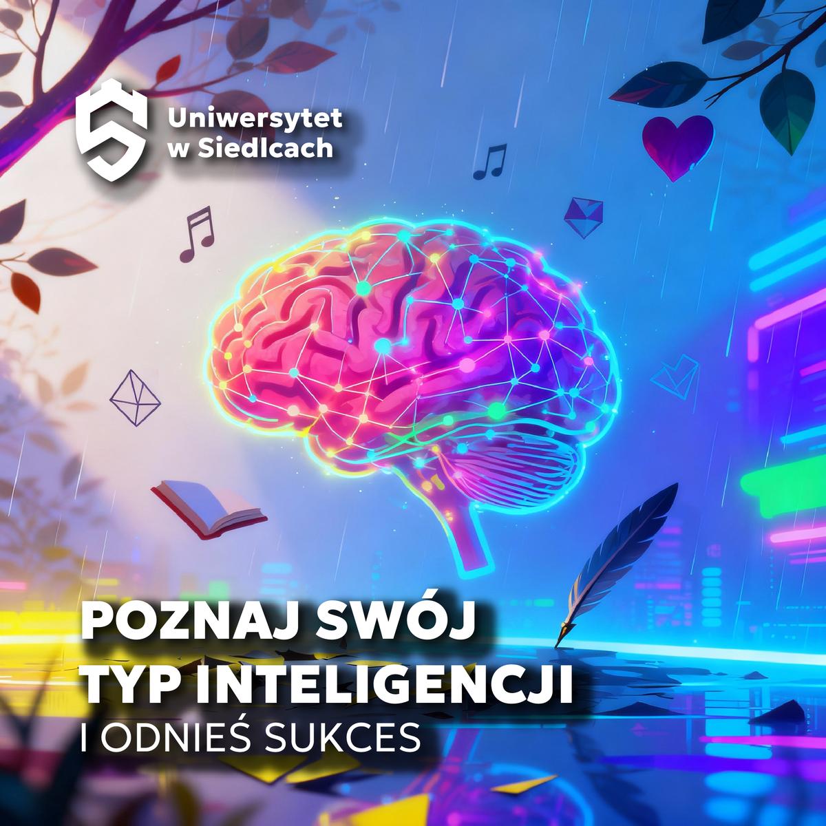 Grafika promująca warsztaty „Poznaj swój typ inteligencji i odnieś sukces”. Kolorowy, świecący mózg otoczony ikonami serca, nut i książki — metafora różnorodnych rodzajów inteligencji.